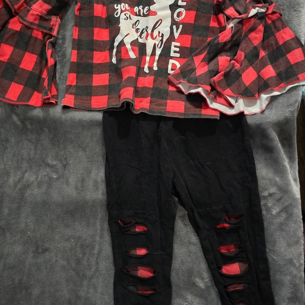 Red and Black Plaid Top with Black Ripped Leggings Winter Christmas Holiday